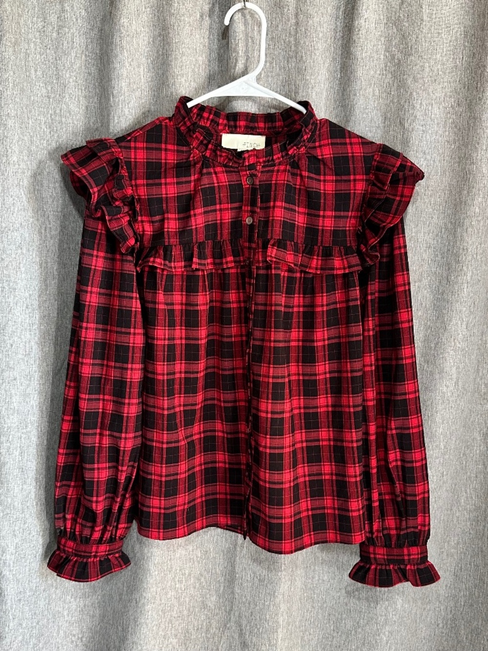 Pinch Size Medium Red Black Plaid Ruffle High Mock Neck Long Sleeve Blouse M